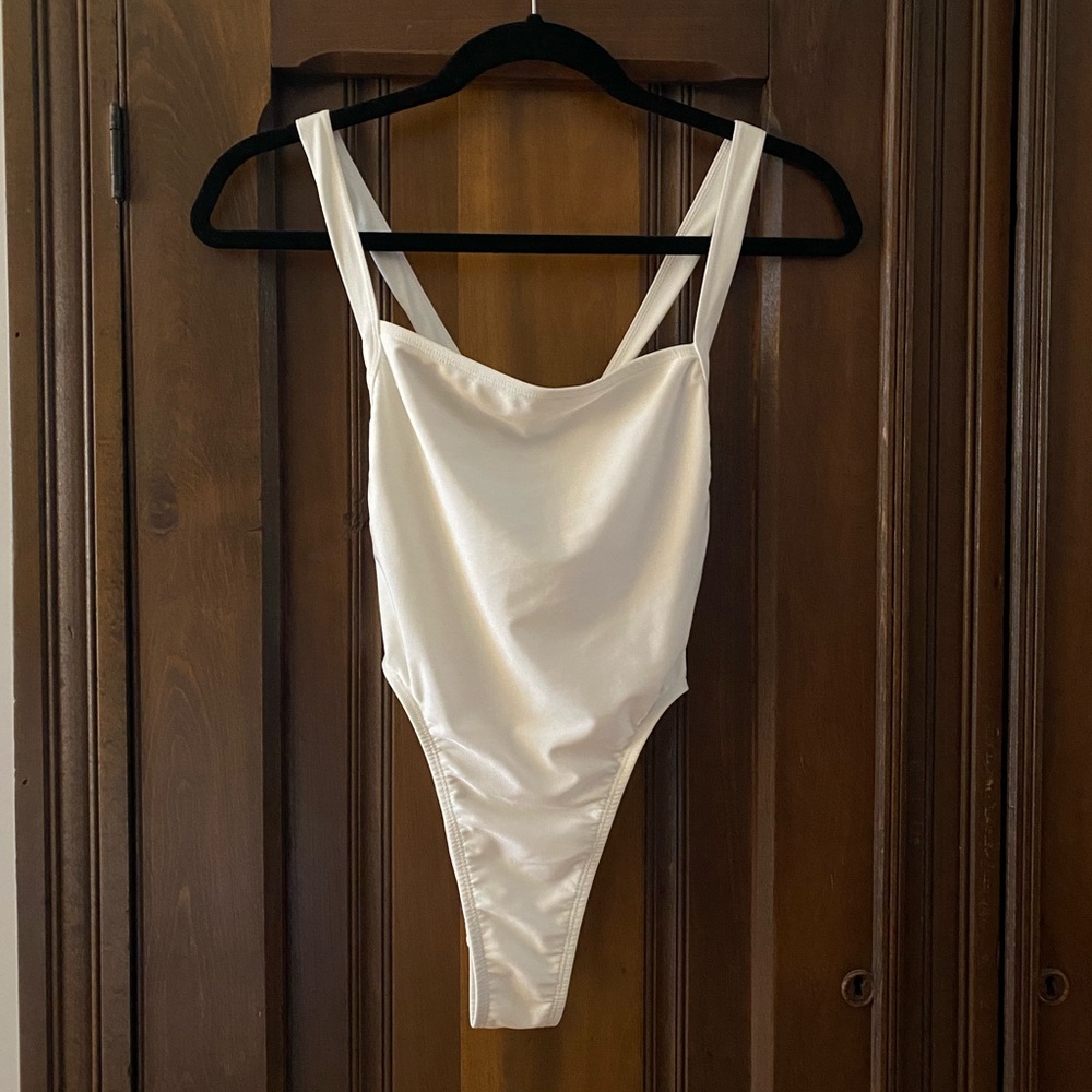 American Apparel White One Piece Swimsuit High-Cut Design